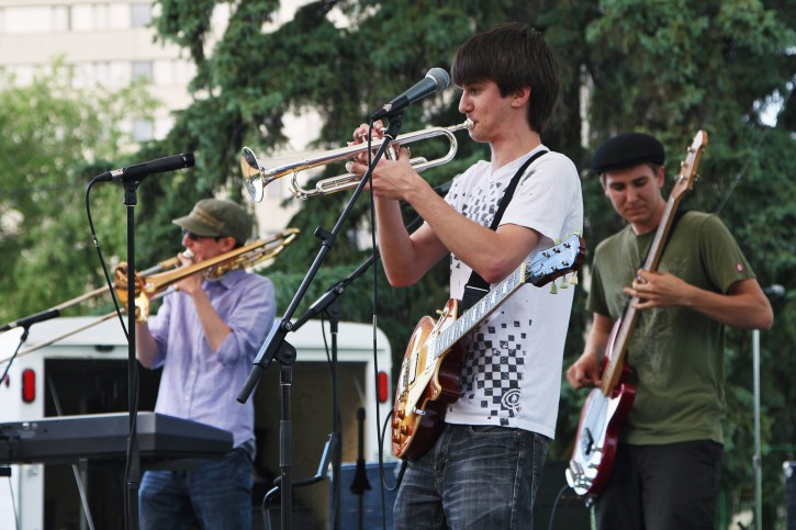 Cameron Baribeu (left), Ben Fortosky (centre), and Emmett Fortosky (right) breaking it down at the Saskatchewan Jazz Festival.